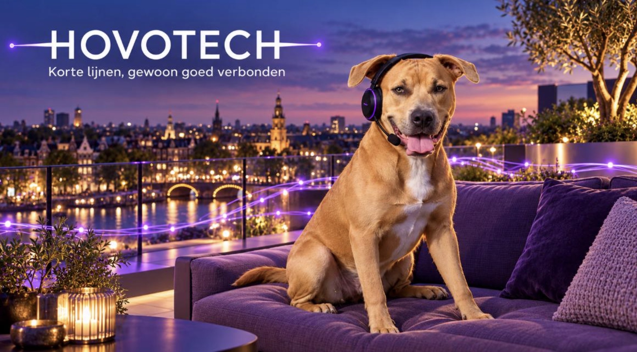 Gappie, onze assistent, op het paarse Hovotech-dakterras met uitzicht op Amsterdam